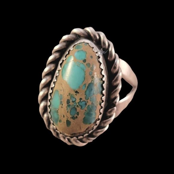 Vintage Sterling Royston Turquoise Cable Bezel Set Ring - Picture 1 of 11